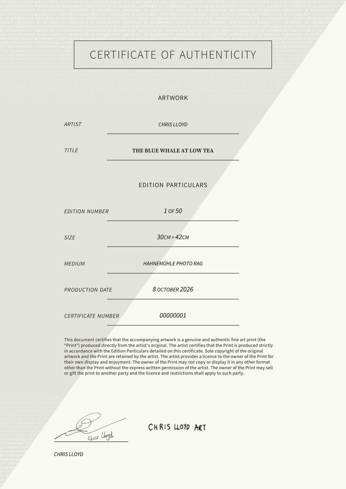 The Blue Whale at Low Tea — Certificate of Authenticity