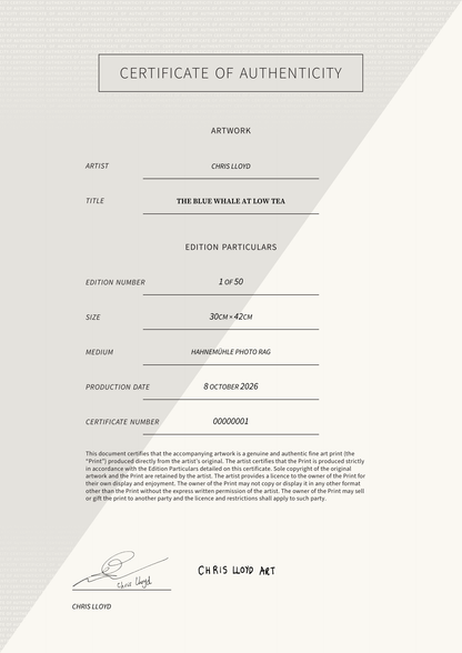 The Blue Whale at Low Tea — Certificate of Authenticity